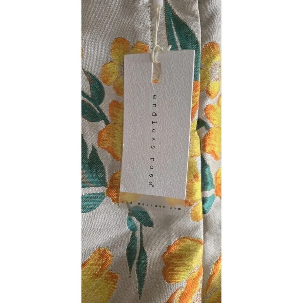 Endless Rose Satin Floral Brocade Shorts Size XS Cream Yellow Lined NWT